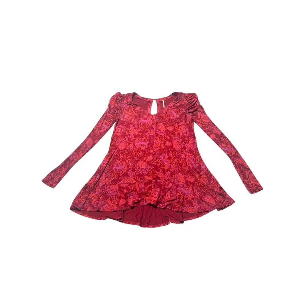 Free People Hello Lover Tunic Top Womens S Red Floral Long Sleeve Puff Shoulder